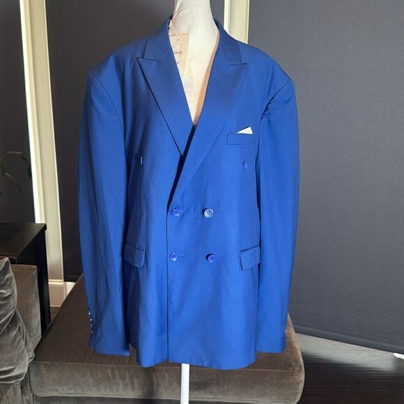 Men’s Mogu Blue Suit Jacket Blazer Double Breasted Slim Fit Size 46 - Picture 1 of 10